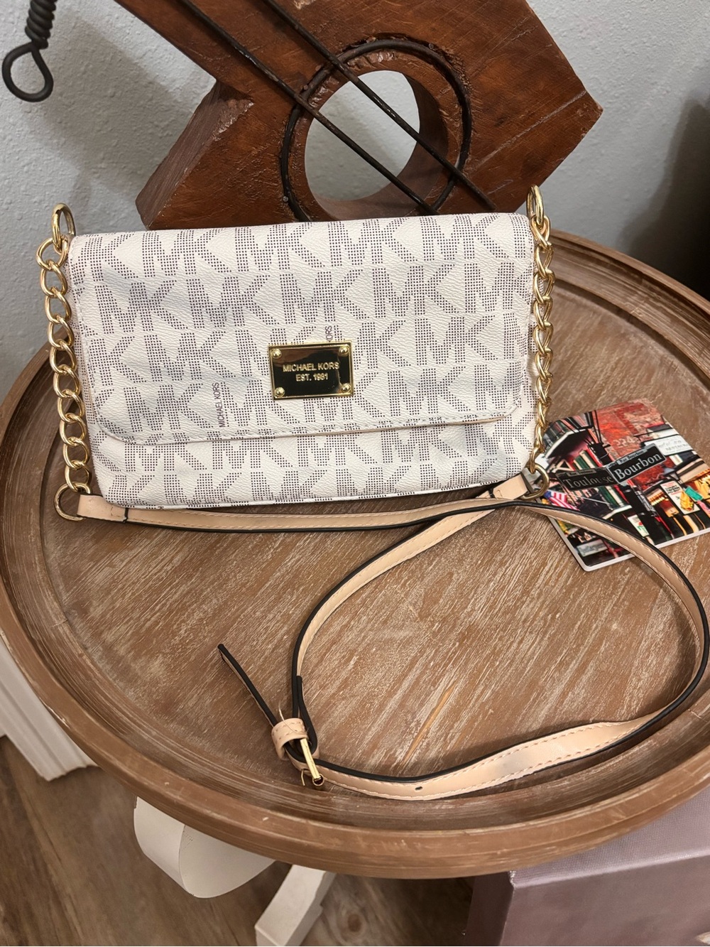 Michael Kors Beige and Gold MK Monogram Chain Crossbody